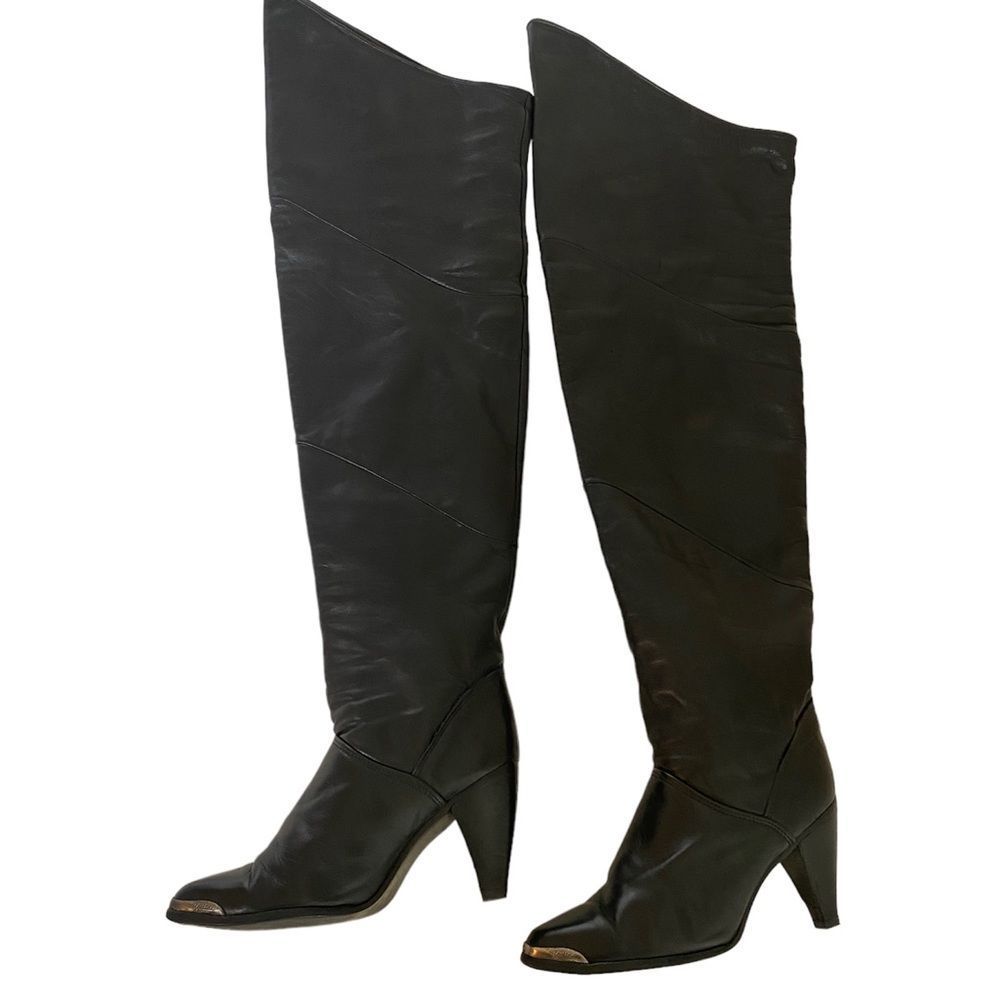 Zodiac 8M over the knee boots black leather Vtg . Heeled